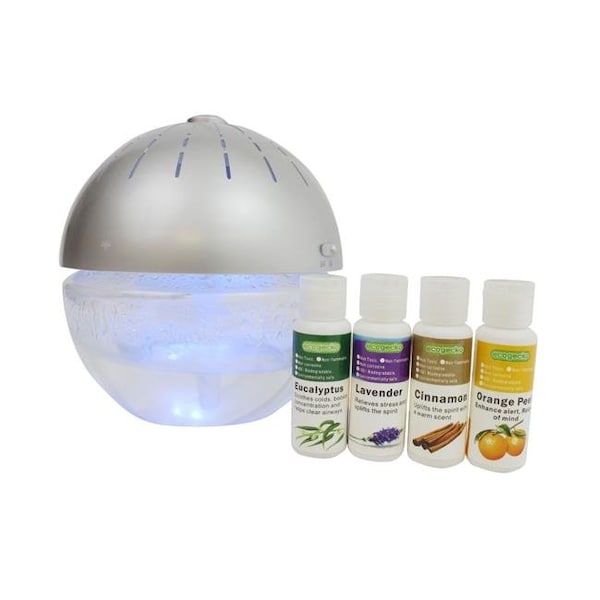 Ecogecko EcoGecko 75002-4PACK-75606-Silver Earth Globe Glowing Water Air Washer Revitalizer Aroma Diffuser & Humidifier with 4 Pack Aroma Oil - Silver 75002-4PACK-75606-Silver - main